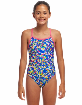Girls Time Warp Single Strap Swimsuit - Multi girls swimwear one piece, girls rash guard swim set