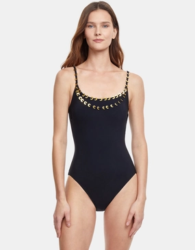 Golden Touch Round Neck Swimsuit - Black pool-ready swimwear for women, trendy swimwear collection