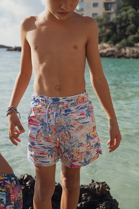 Graphic Swimshorts In Blue stylish teen girl swimsuits, teen girls swimwear sets