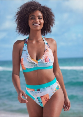 Heavenly Halter Top - Vacation Letter supportive swim tops, printed bikini tops