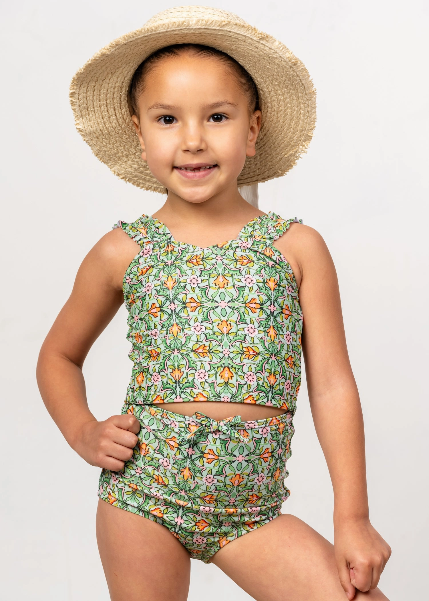 Heirloom Tulip | Mini Bow Bottoms girls full coverage swimwear, kids swimwear for pool