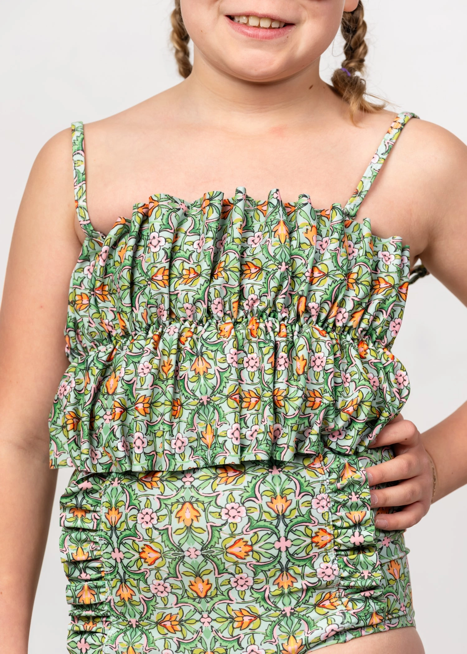 Heirloom Tulip | Youth Oversized Ruffle Top girls full coverage swimwear, kids swimwear for pool