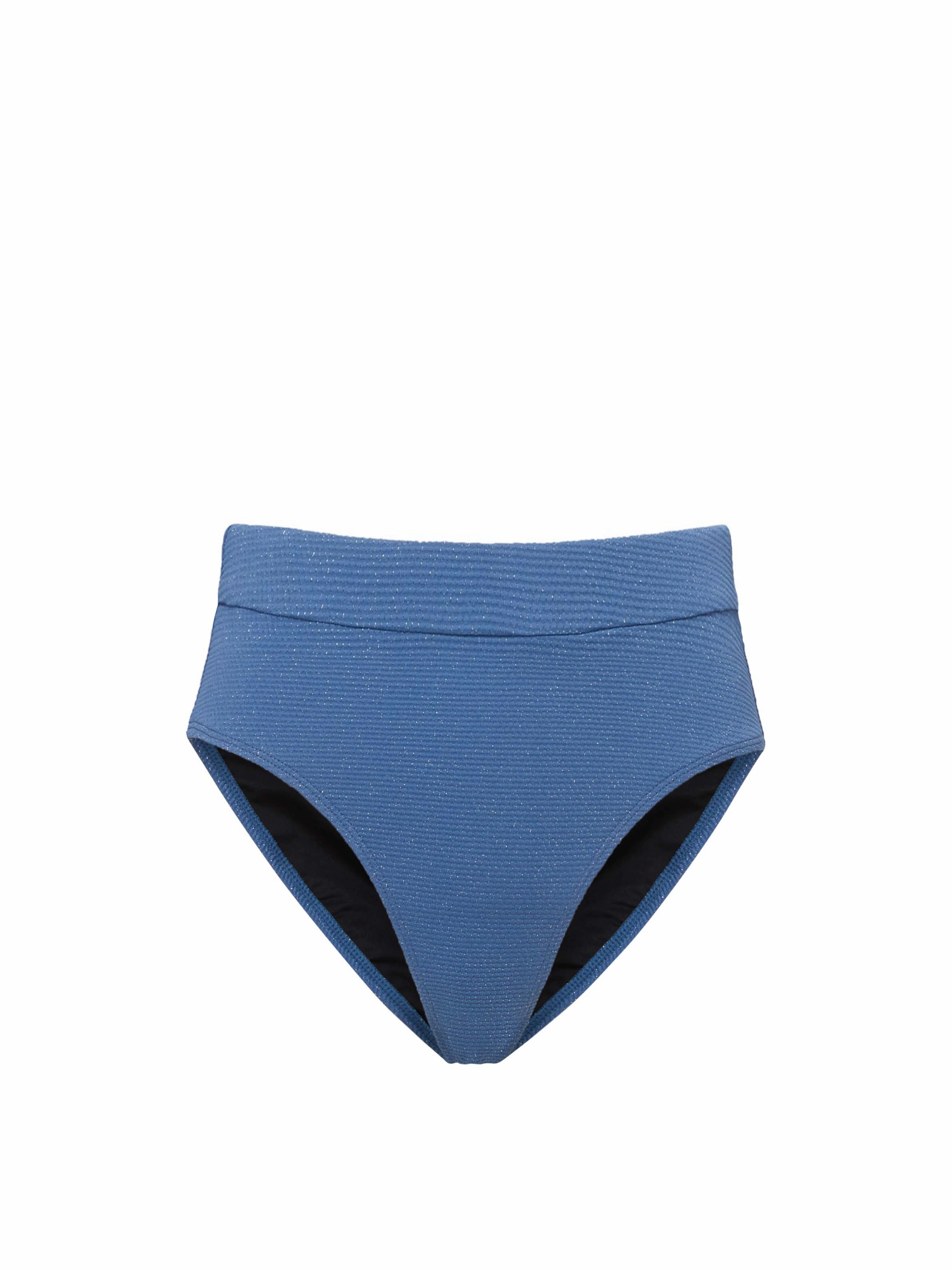Hi Leg Hi Waist Bottom In Steel Blue Metallic Pique fashionable beach swimwear, modern womens bikinis