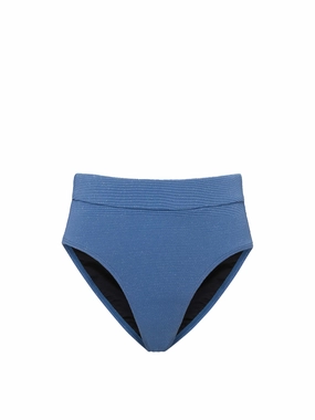 Hi Leg Hi Waist Bottom In Steel Blue Metallic Pique fashionable beach swimwear, modern womens bikinis