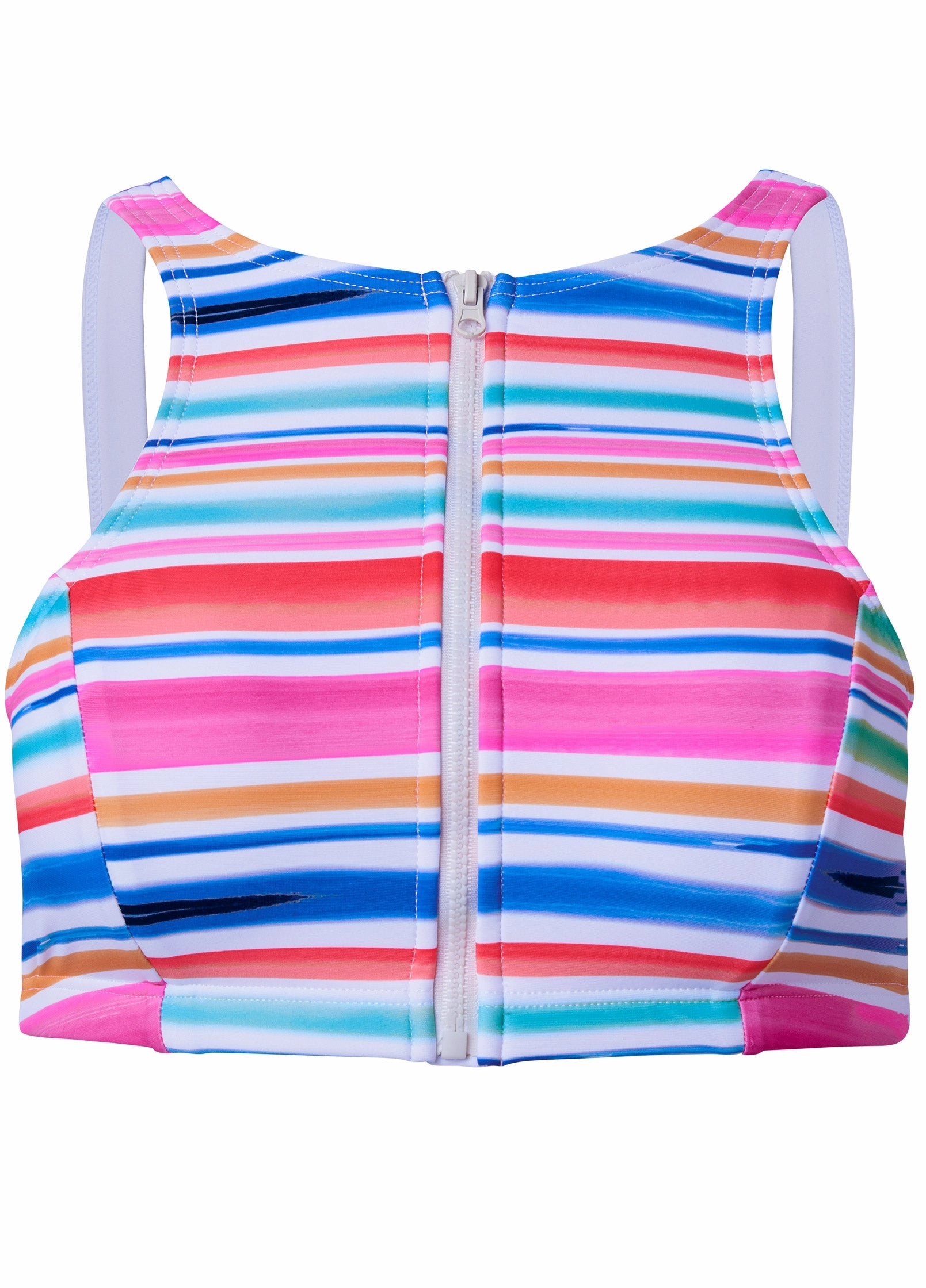 High-Neck Zip-Up Bikini Top - Rainbow Stripes