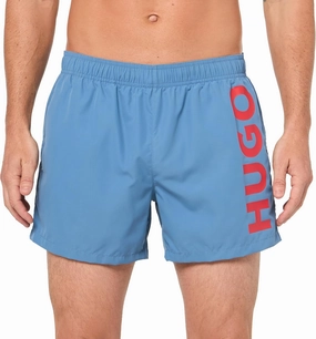 Hugo Men's ABAS Vertical Logo Swim Trunks, Acai Blue mens beach swimwear, quick dry mens swimsuits