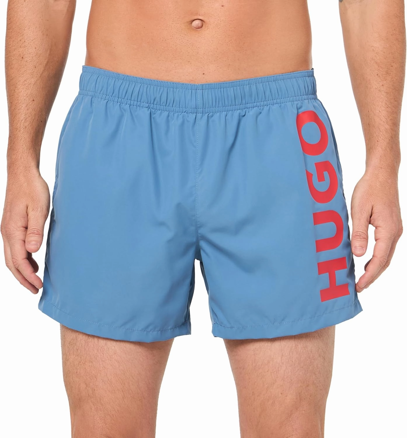 Hugo Men's ABAS Vertical Logo Swim Trunks, Acai Blue mens beach swimwear, quick dry mens swimsuits