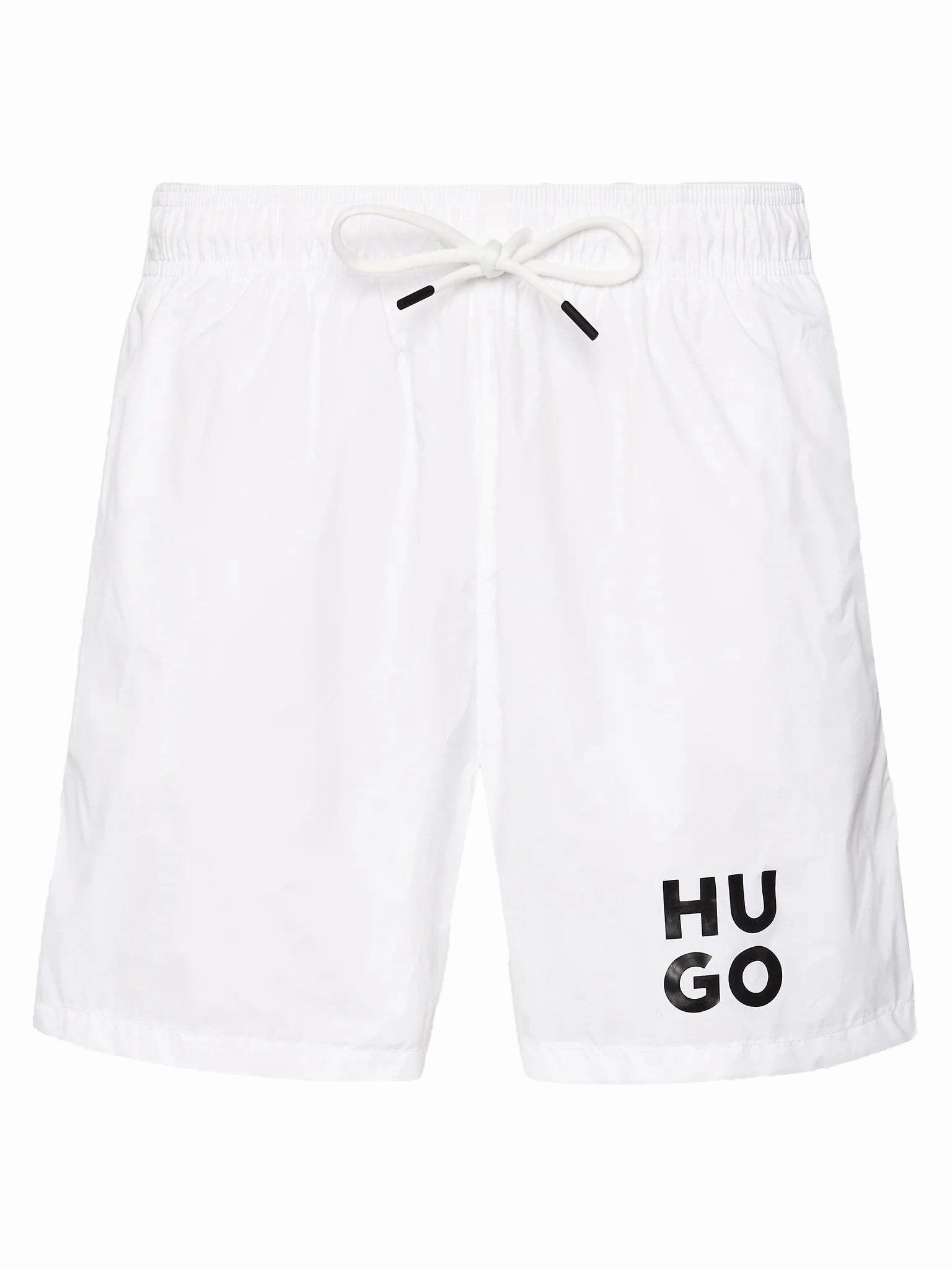 Hugo Men's Paol Suare Logo Swim Trunks, White mens beach swimwear, quick dry mens swimsuits