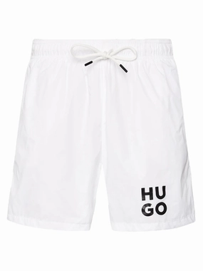 Hugo Men's Paol Suare Logo Swim Trunks, White mens beach swimwear, quick dry mens swimsuits
