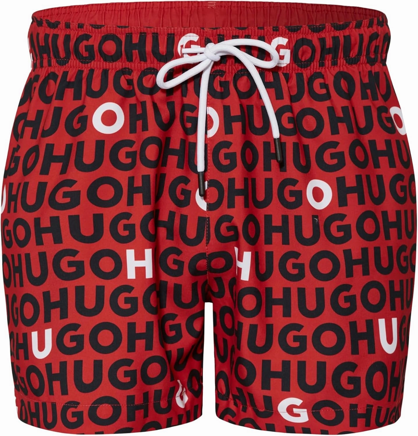 Hugo Men's Tortuga Swim Trunks, Black/Red/White mens beach swimwear, quick dry mens swimsuits