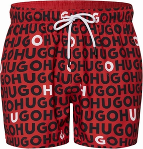 Hugo Men's Tortuga Swim Trunks, Black/Red/White mens beach swimwear, quick dry mens swimsuits