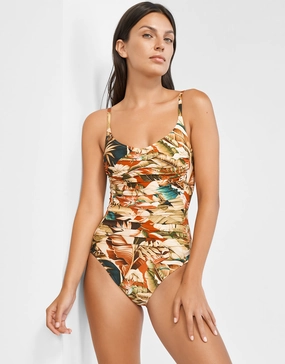 Hypnotic Ruched Underwired Swimsuit - Sepia Leaves womens resort swimwear, flattering one-piece swimsuits
