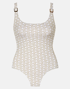 Indira Round Neck Swimsuit - White and Gold womens resort swimwear, flattering one-piece swimsuits