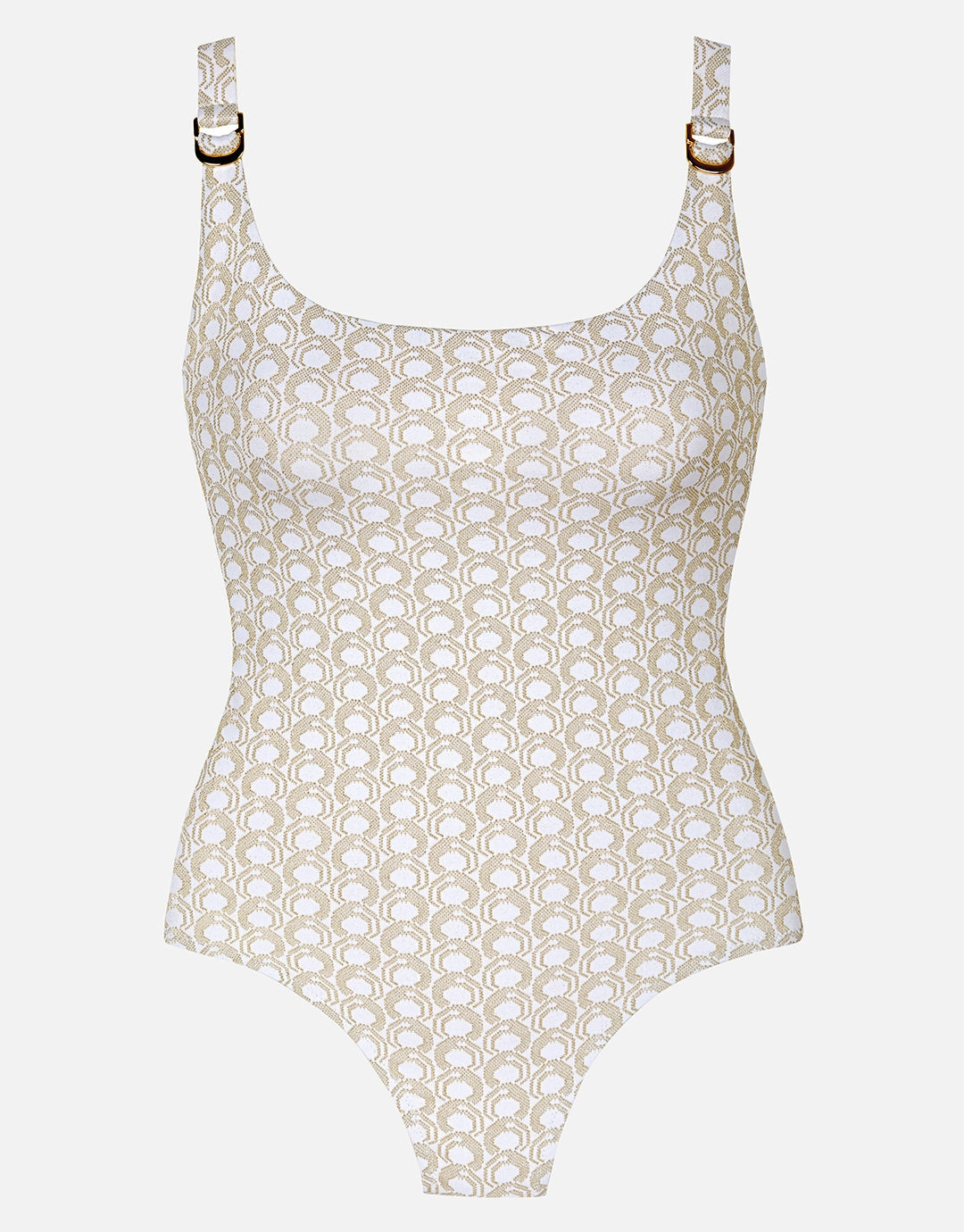 Indira Round Neck Swimsuit - White and Gold womens resort swimwear, flattering one-piece swimsuits
