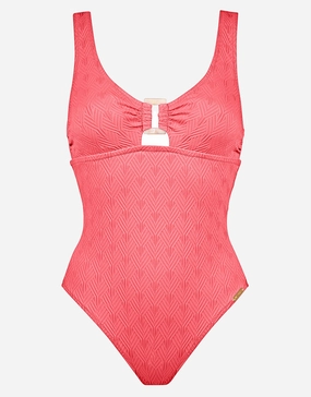Island Nostalgia Ring Front Swimsuit - Ocean Coral womens resort swimwear, flattering one-piece swimsuits