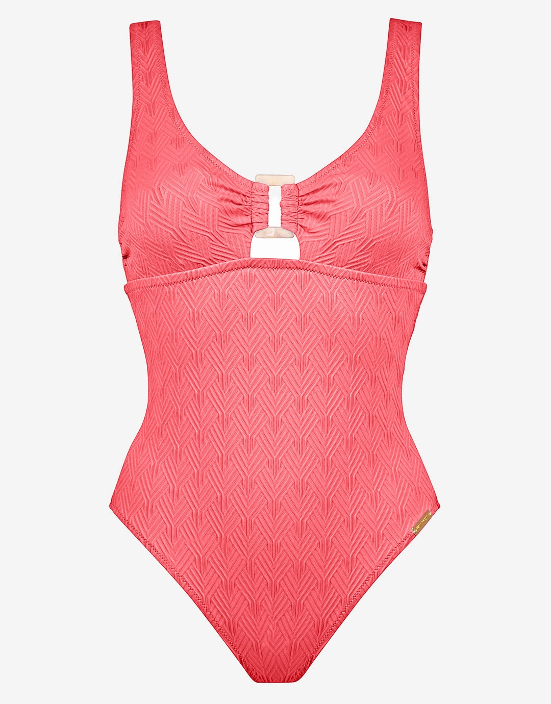 Island Nostalgia Ring Front Swimsuit - Ocean Coral womens resort swimwear, flattering one-piece swimsuits