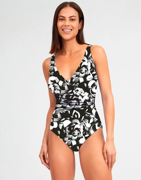 Island Wrap Front Swimsuit - Black and White womens resort swimwear, flattering one-piece swimsuits
