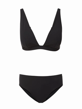 Jessica Top   Classic Midrise Bottom in Black bikini bottom with tie sides, swim top for sunbathing