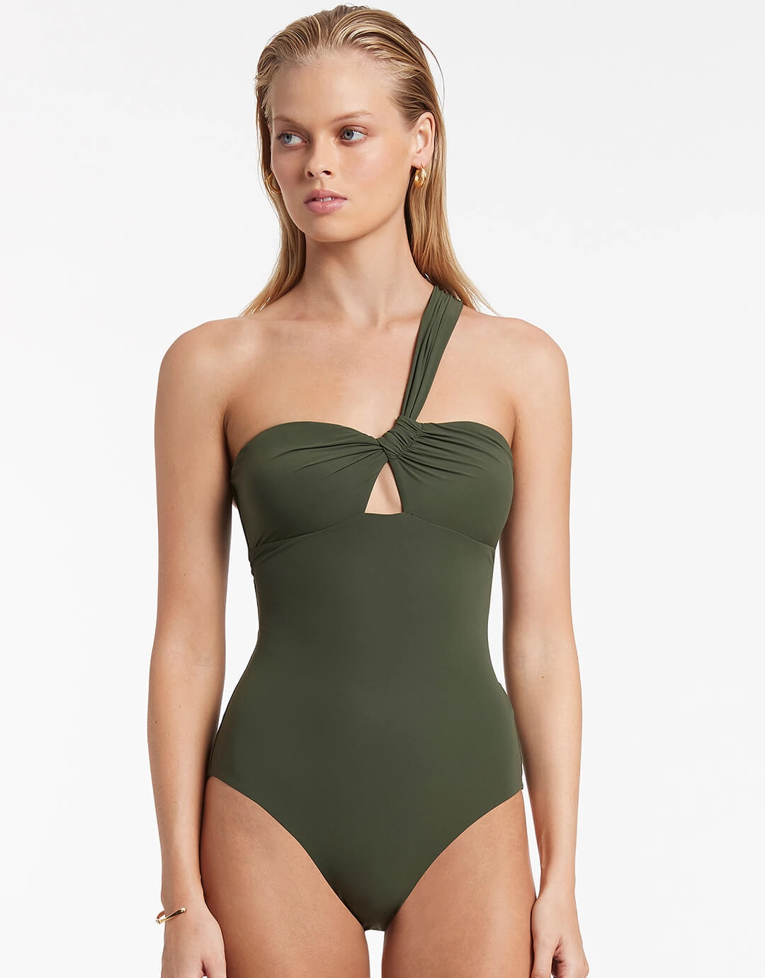 Jetset Gathered One Shoulder Swimsuit - Olive pool-ready swimwear for women, trendy swimwear collection
