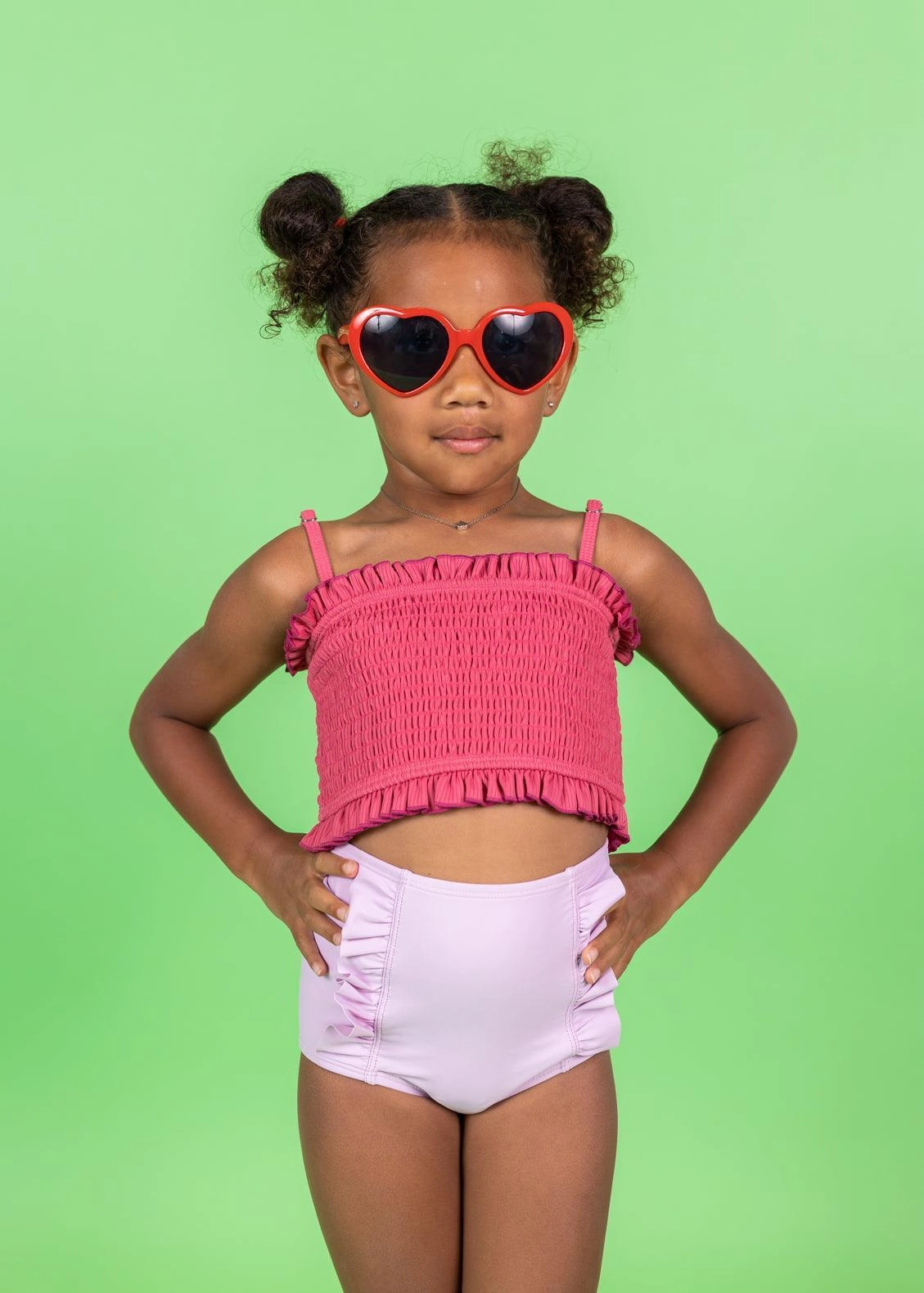 Just Lilac | Mini Down in Front Ruffle Bottoms girls full coverage swimwear, kids swimwear for pool
