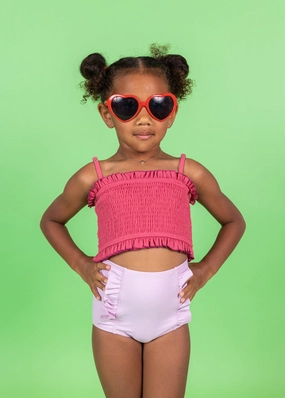 Just Lilac | Mini Down in Front Ruffle Bottoms girls full coverage swimwear, kids swimwear for pool