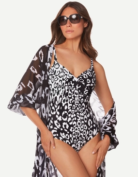 Kalina Underwired Crossover Swimsuit - Black and White womens resort swimwear, flattering one-piece swimsuits