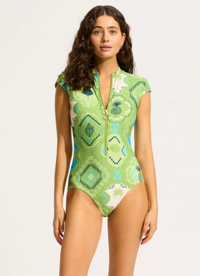 Kasbah Zip Front One Piece - Sage slimming one piece swimsuits, fashionable one piece suits
