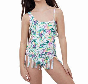 Kids Girls One Shoulder Fringe Skirted One Piece Swimsuit In Gtk Palms cute swimsuits for teen girls, modest teen swimwear