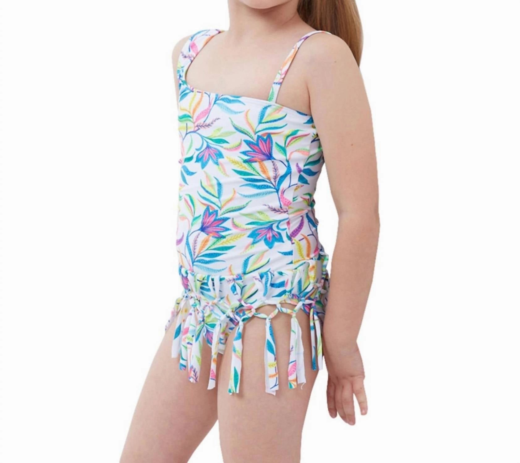 Kids Girls One Shoulder Fringe Skirted One Piece Swimsuit In Gtk Palms