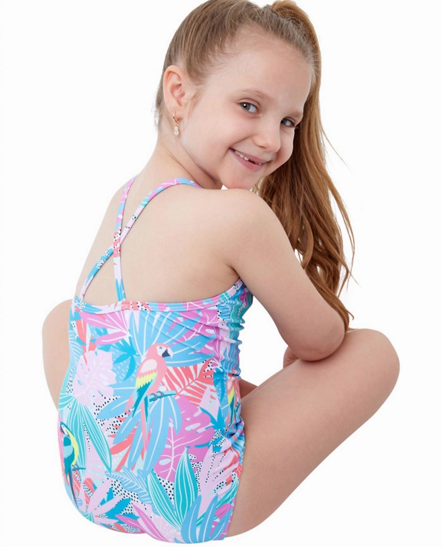 Kids Girls Round Neck One Piece Swimsuit In Gtk Neon Palms