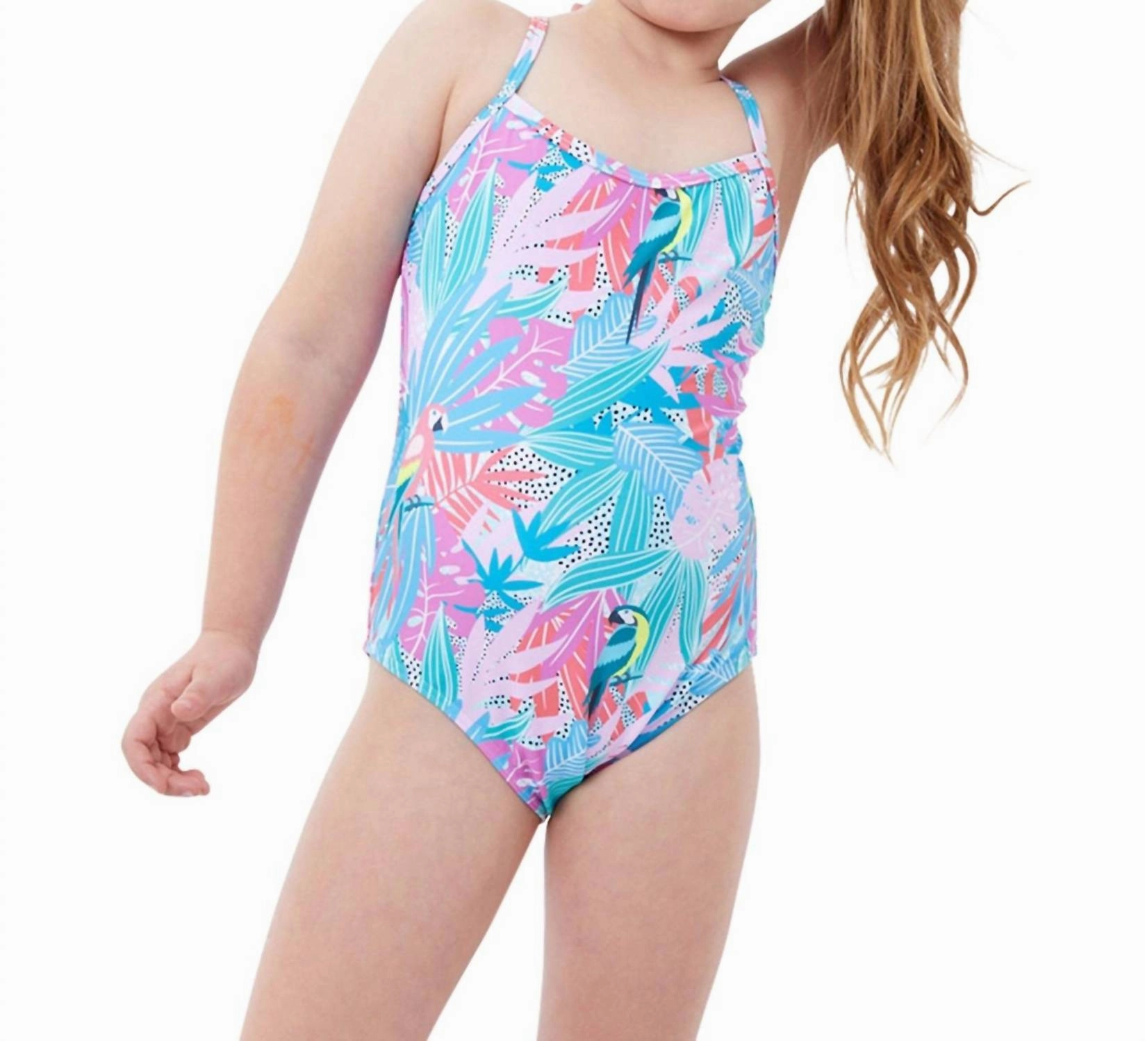 Kids Girls Round Neck One Piece Swimsuit In Gtk Neon Palms cute swimsuits for teen girls, modest teen swimwear