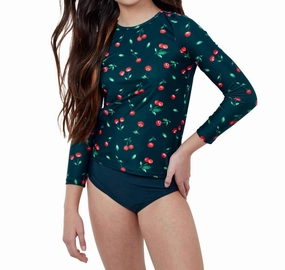 Kids Rash Guard Top With Matching Bikini Bottom In Gtk Cherries cute swimsuits for teen girls, modest teen swimwear