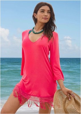 Knit Tunic Cover-Up Dress - Raspberry plain swimwear women, minimalist swimsuits