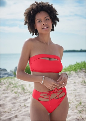 Lace-Up Bottom - Rosey Red swimwear with tummy control, elegant swimsuits for women
