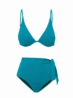 Leah Top   Side Tie High Waist Bottom in Jungle Green Metallic Pique bikini bottom with tie sides, swim top for sunbathing