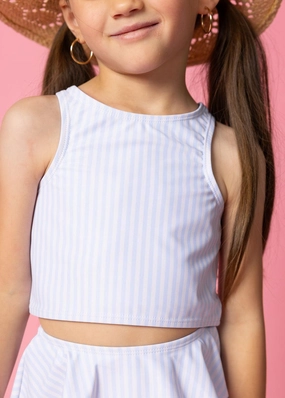 Light Blue Stripe | Mini Racer Back Top girls full coverage swimwear, kids swimwear for pool