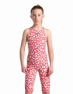 Limited Edition Girls Powerskin ST NEXT Open Back - Leopard Skin Geranium youth racing swimsuits, competition swimwear kids