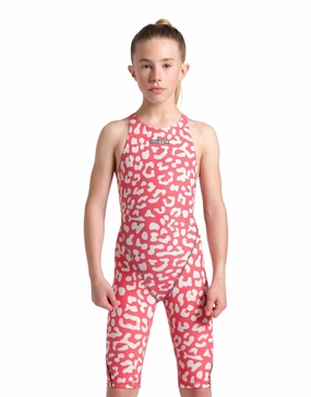 Limited Edition Girls Powerskin ST NEXT Open Back - Leopard Skin Geranium girls swimwear one piece, girls rash guard swim set