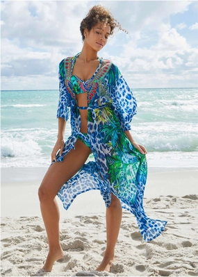 Long Kimono Cover-Up - Leopard Rainforest Placement womens sun protection swimwear, trendy swimwear collection