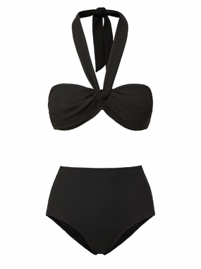 Loryn Top   Classic High Waist Bottom in Black Texture bikini bottom with tie sides, swim top for sunbathing