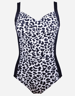 Lucille Longer Length Swimsuit - Black and Leopard long torso swimwear women, extra length one piece swimsuits