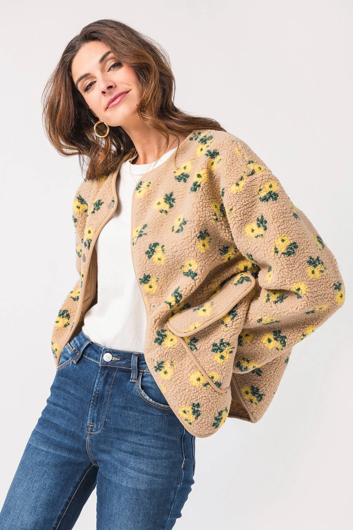 Mable Floral Sherpa Fleece Snap Button Jacket