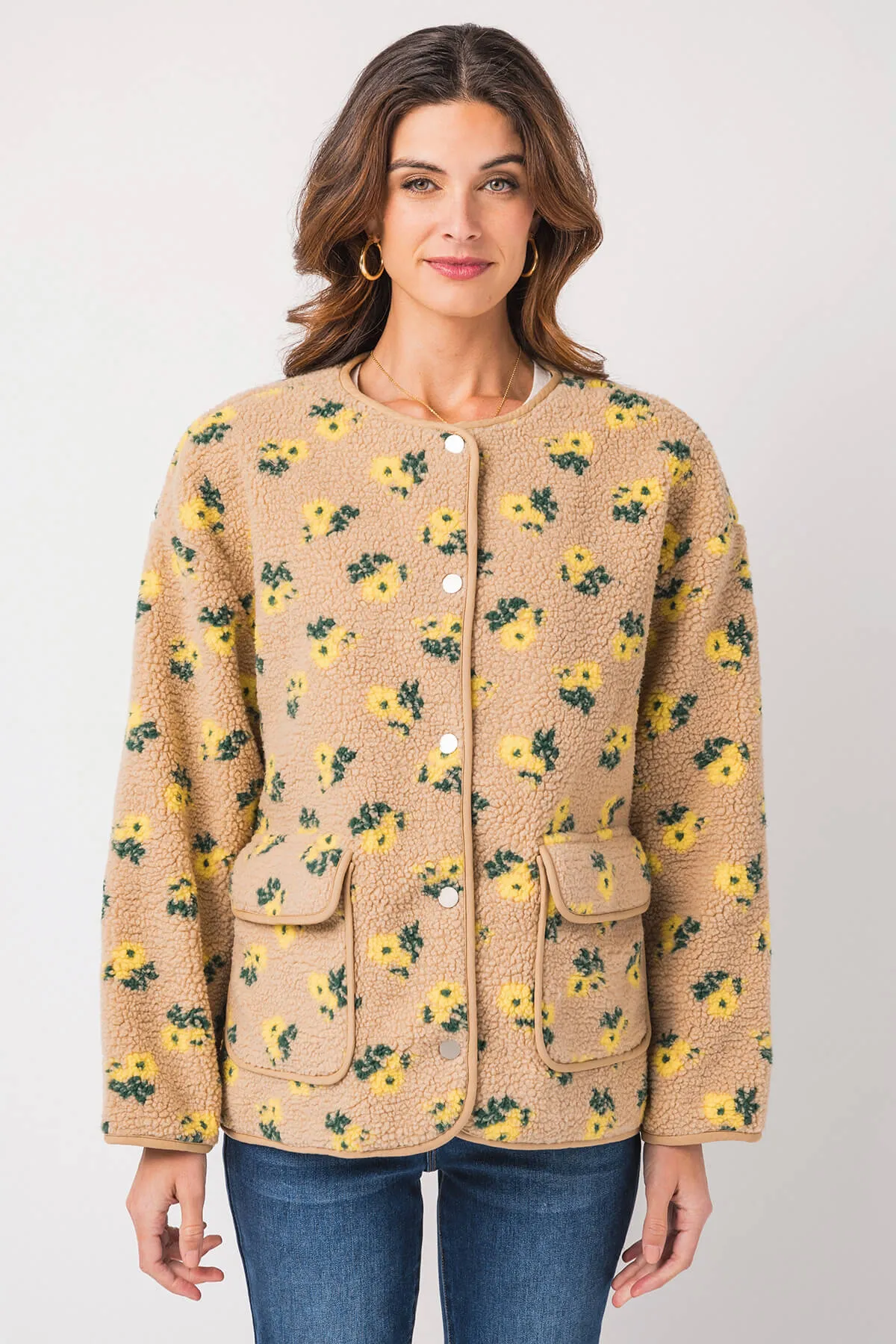 Mable Floral Sherpa Fleece Snap Button Jacket