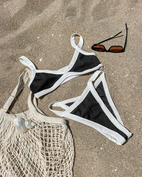 Mackenzie Bikini Bottom - Black-Cream ruched bikini bottoms, hipster swimwear bottoms