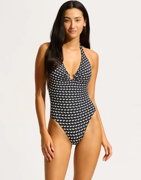 Mala Ring Front Halter Swimsuit - Black womens resort swimwear, flattering one-piece swimsuits
