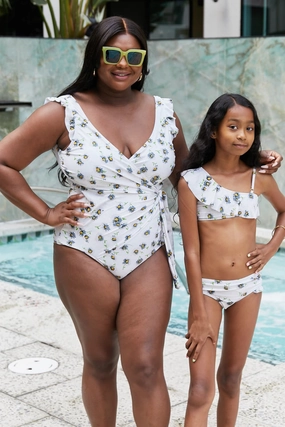 Marina West Swim Float On Ruffle Faux Wrap One-Piece in Daisy Cream one piece swimsuits for women, full coverage one piece swimwear