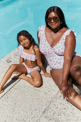 Marina West Swim Full Size Float On Ruffle Faux Wrap One-Piece in Roses Off-White one piece swimsuits for women, full coverage one piece swimwear