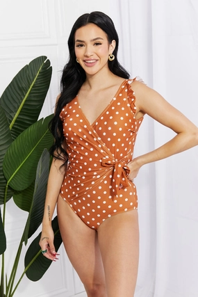 Marina West Swim Full Size Float On Ruffle Faux Wrap One-Piece in Terracotta one piece swimsuits for women, full coverage one piece swimwear