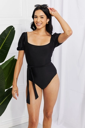 Marina West Swim Salty Air Puff Sleeve One-Piece in Black one piece swimsuits for women, full coverage one piece swimwear