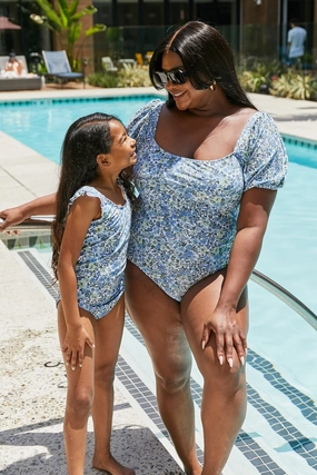 Marina West Swim Salty Air Puff Sleeve One-Piece in Blue one piece swimsuits for women, full coverage one piece swimwear